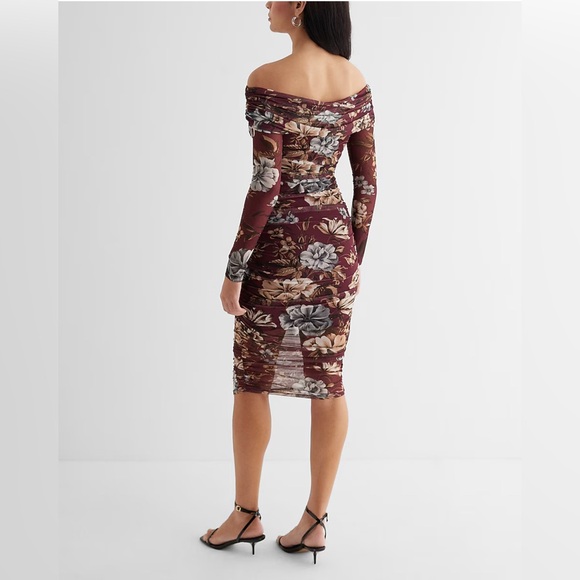 Express Body Contour Mesh Floral Off The Shoulder Ruched Midi Dress - Picture 4 of 7